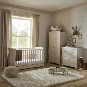 Puggle Prestbury Classic 5-Piece Cot Bed with Drawer, Dresser Changer, Wardrobe & Deluxe Eco Fibre Mattress - Cashmere