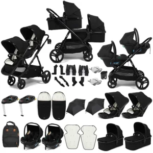 Puggle Memphis 3-in-1 Duo Double Twin Travel System with Carrycots, Bases & Accessories - Midnight Black
